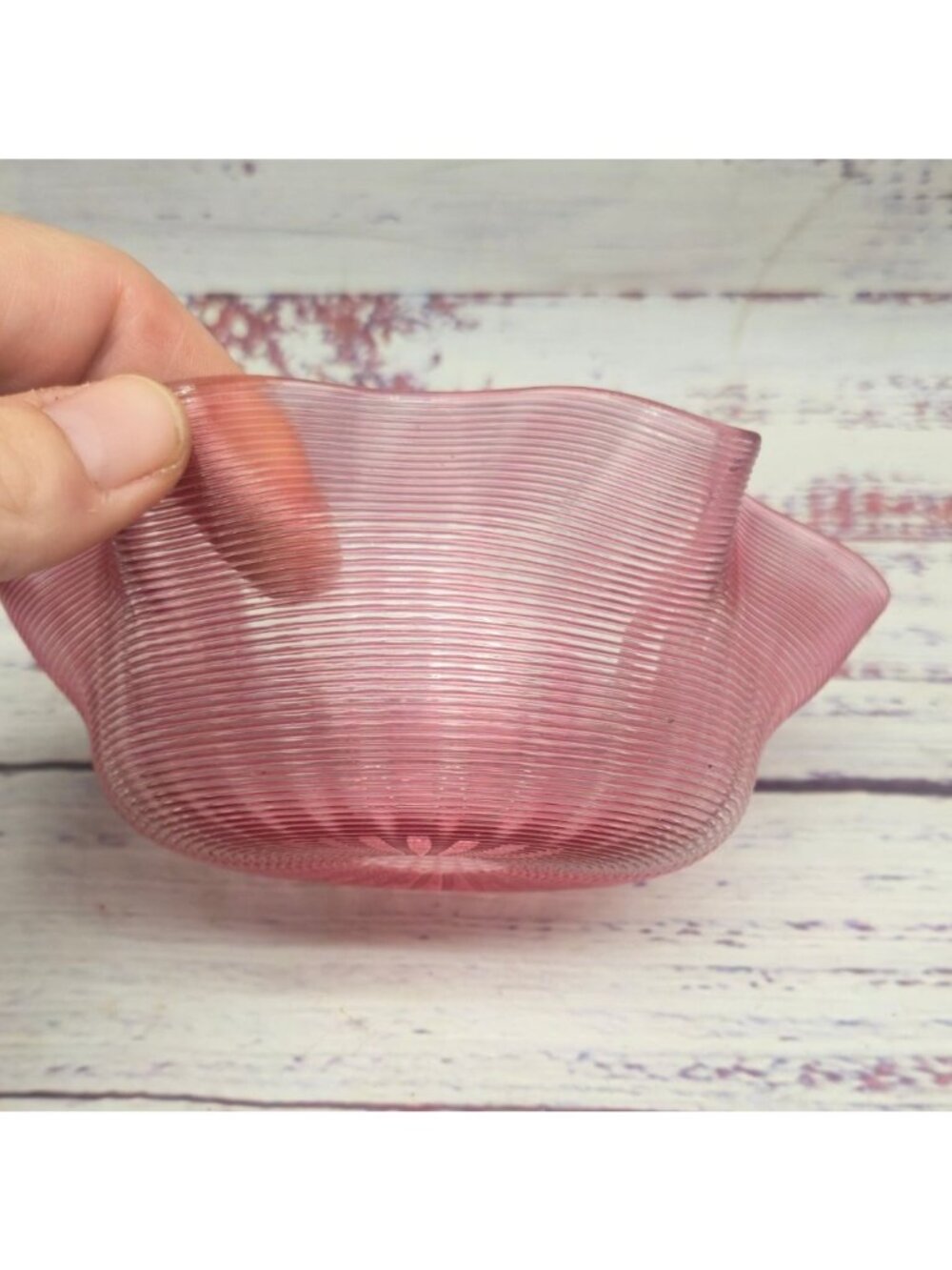Antique Victorian Cranberry Art Glass Threaded & Ruffled Bowl With Elegant Swirl - Picture 5 of 10